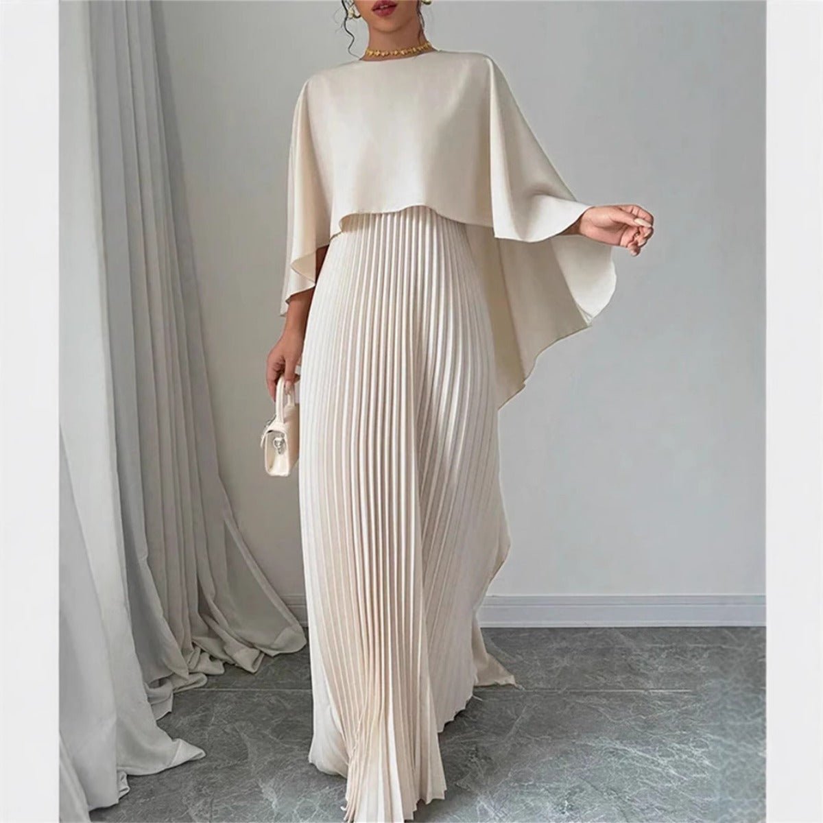 High-Neck Pleated Chiffon Maxi Dress