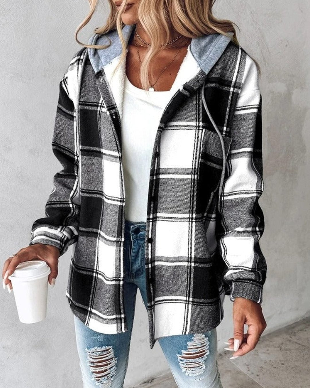 Women's Soft Plaid Print Button Front Casual Hoodie