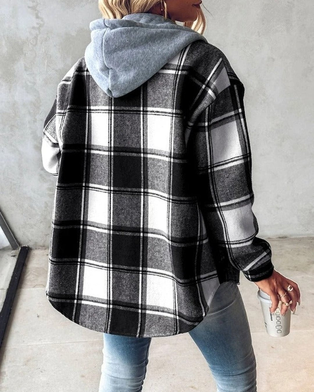 Women's Soft Plaid Print Button Front Casual Hoodie
