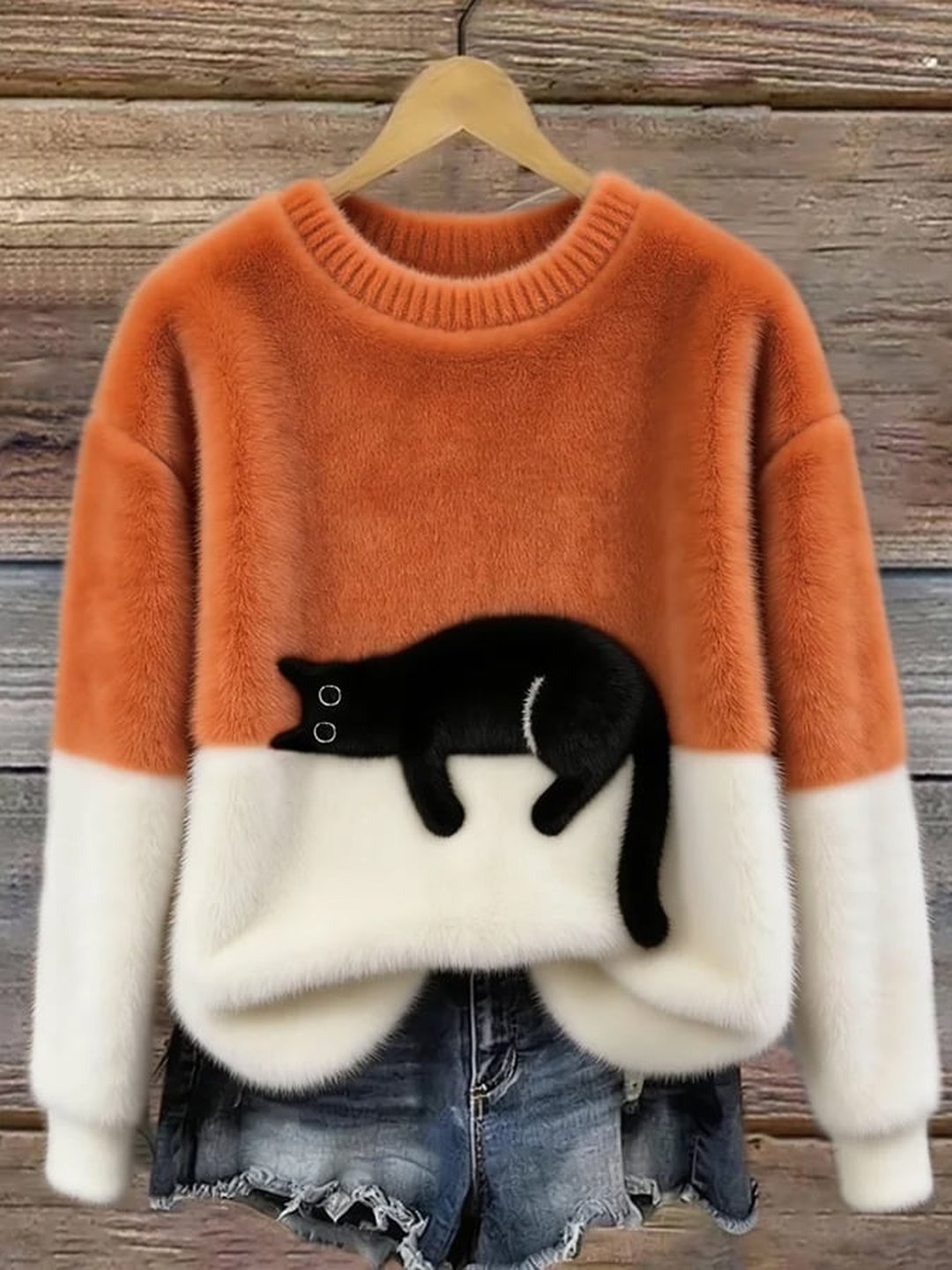 Women's Soft Knit Cat Print Pullover Sweater Oversized Fit