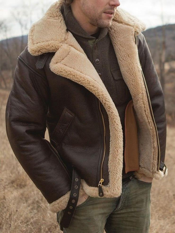 Men's Sheepskin Lined Genuine Leather Jacket Brown