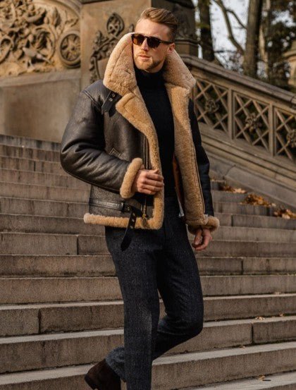 Men's Sheepskin Lined Genuine Leather Jacket Brown