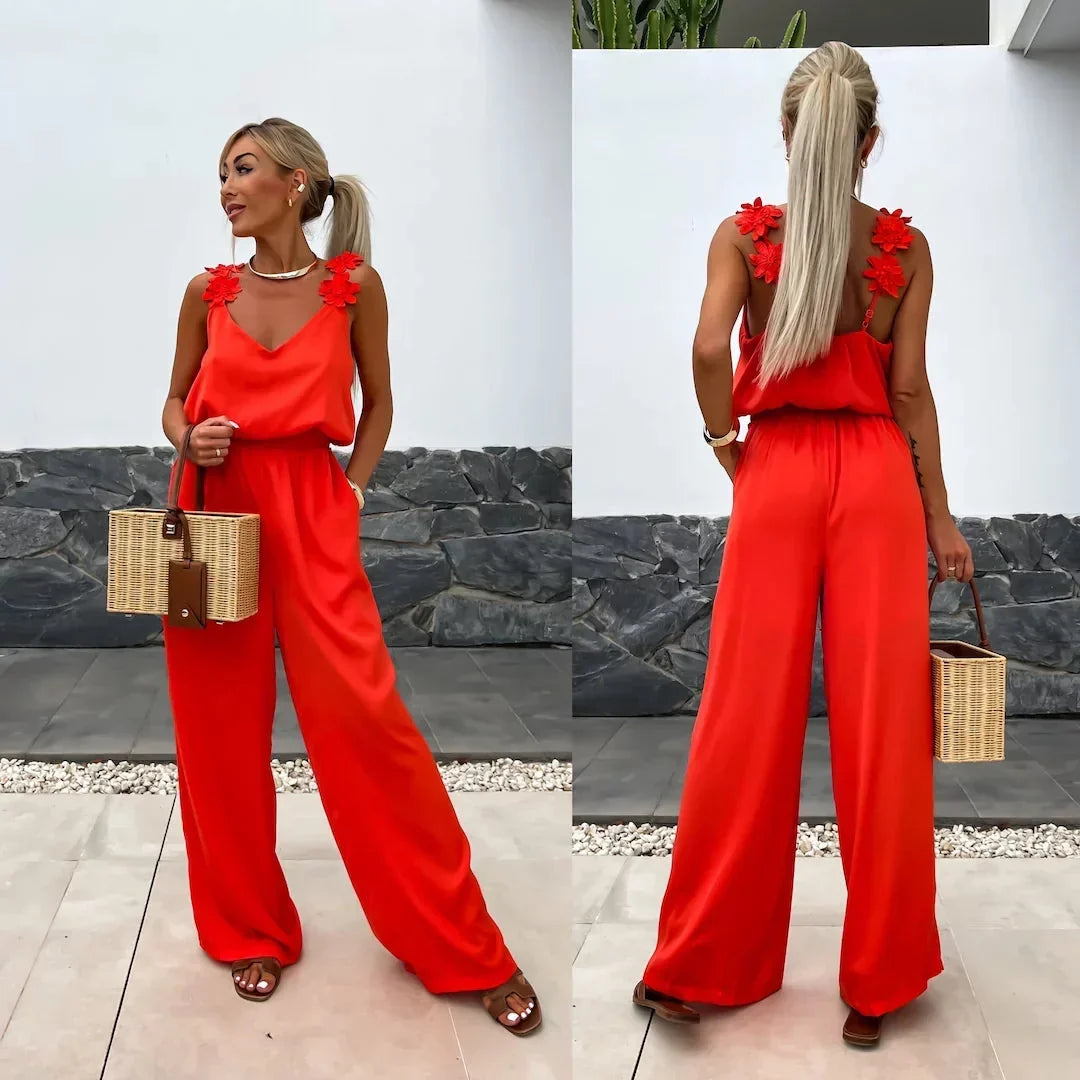 Floral-Strap Wide-Leg Jumpsuit