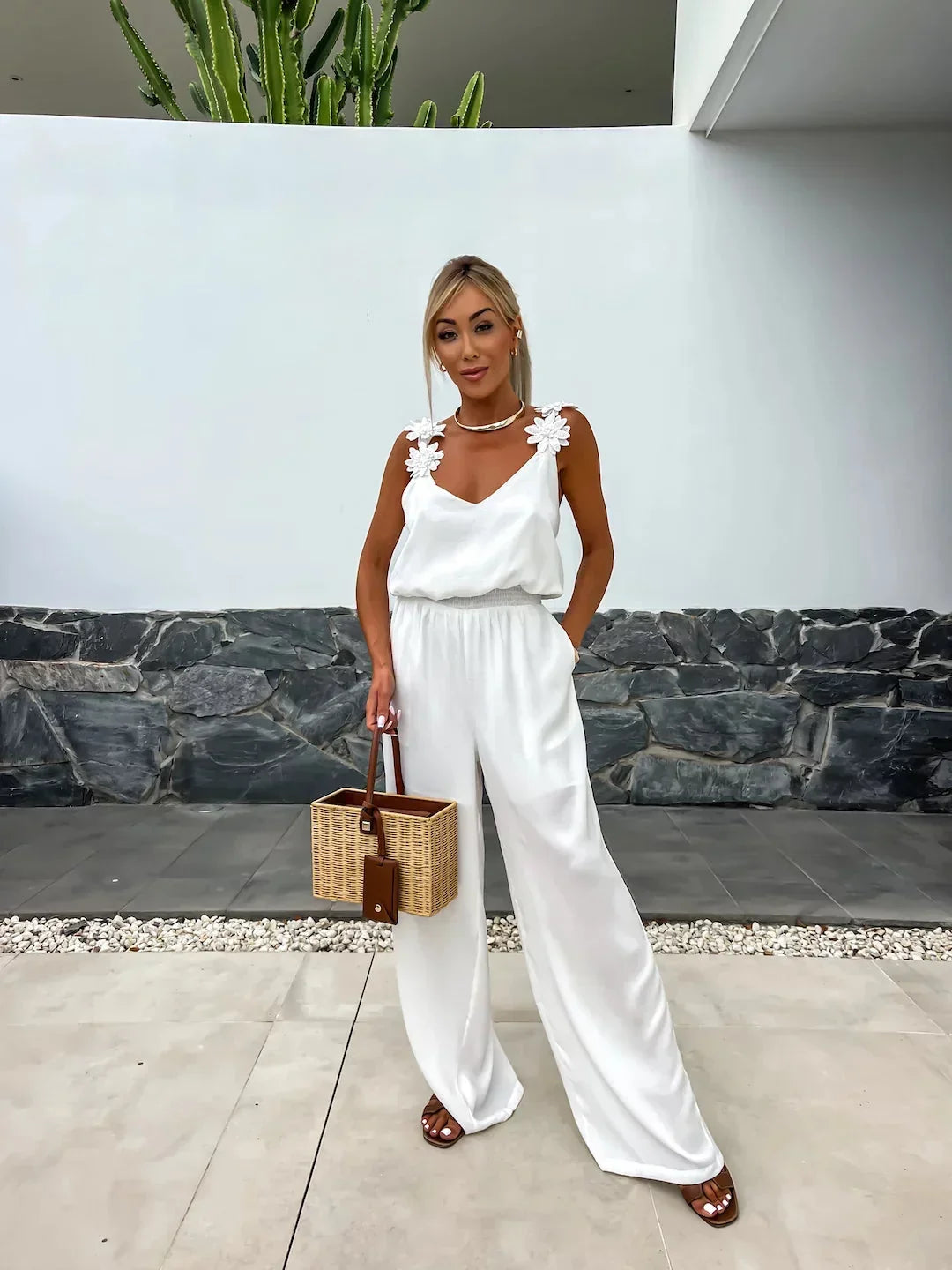 Floral-Strap Wide-Leg Jumpsuit