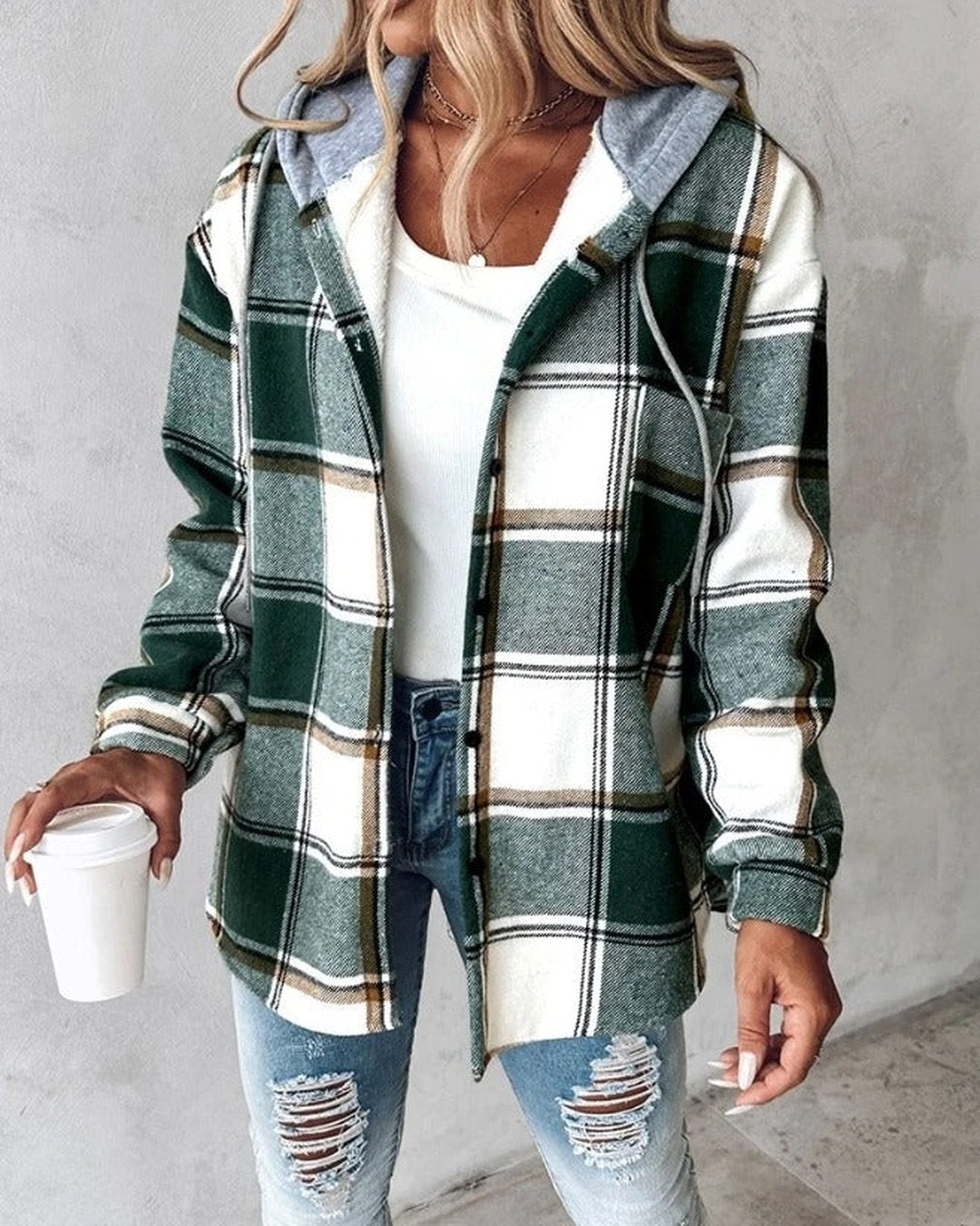 Women's Soft Plaid Print Button Front Casual Hoodie