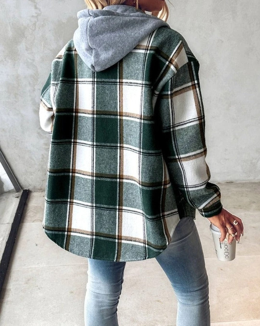 Women's Soft Plaid Print Button Front Casual Hoodie