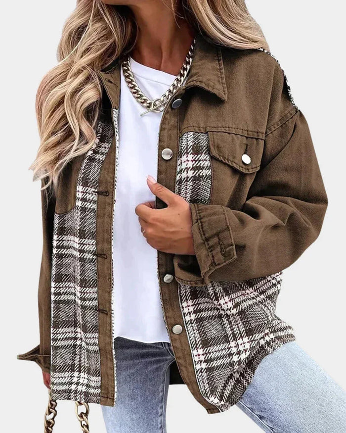 Women's Denim Jacket | Plaid Contrast Long Sleeve