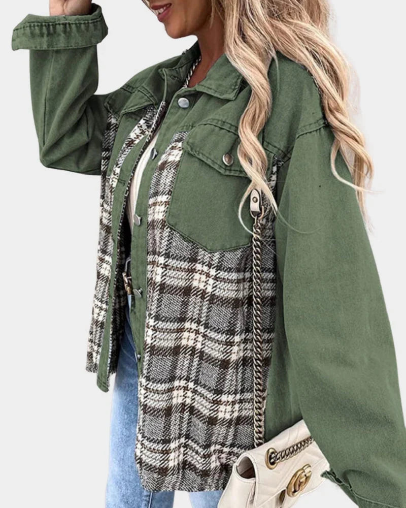 Women's Denim Jacket | Plaid Contrast Long Sleeve