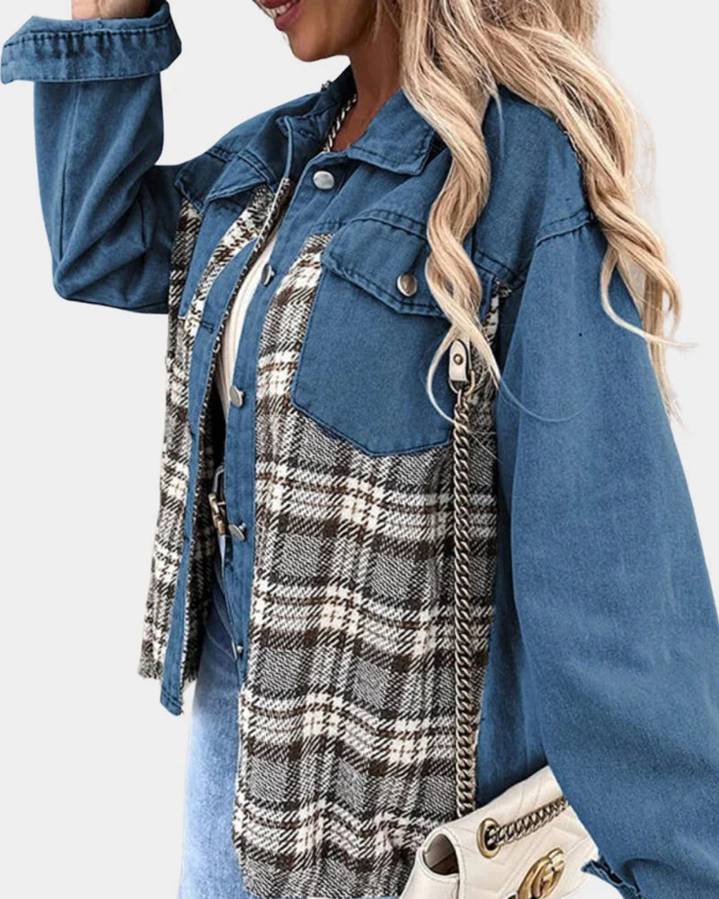 Women's Denim Jacket | Plaid Contrast Long Sleeve