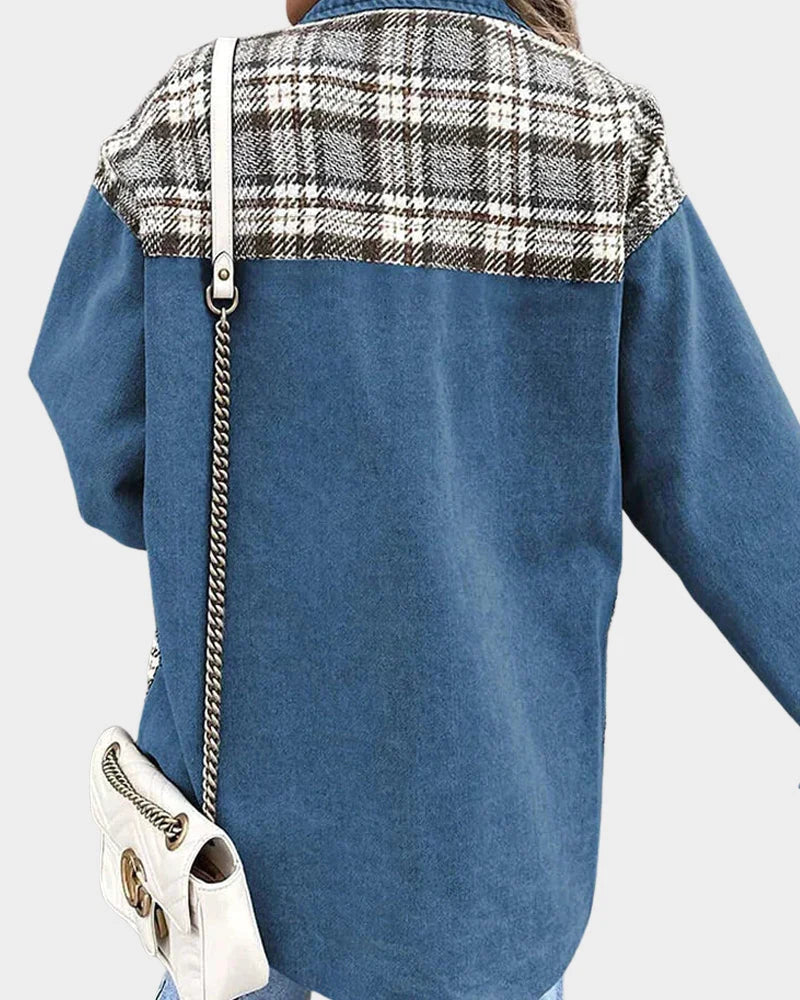Women's Denim Jacket | Plaid Contrast Long Sleeve