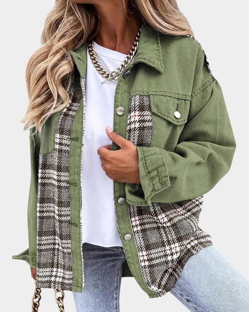 Women's Denim Jacket | Plaid Contrast Long Sleeve