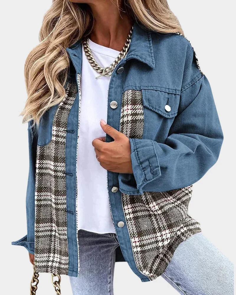 Women's Denim Jacket | Plaid Contrast Long Sleeve