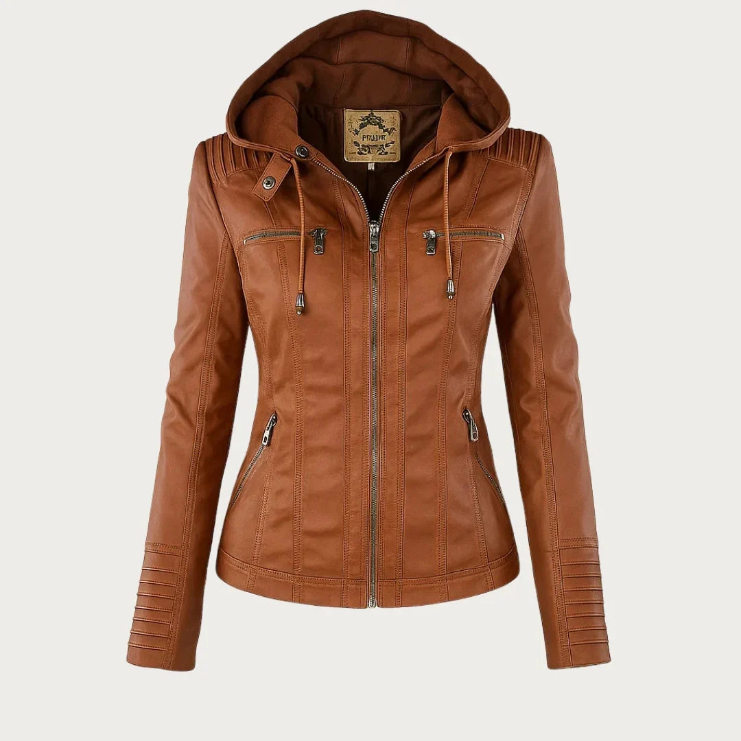 Women's Leather Jacket | Hooded Zip Front Moto