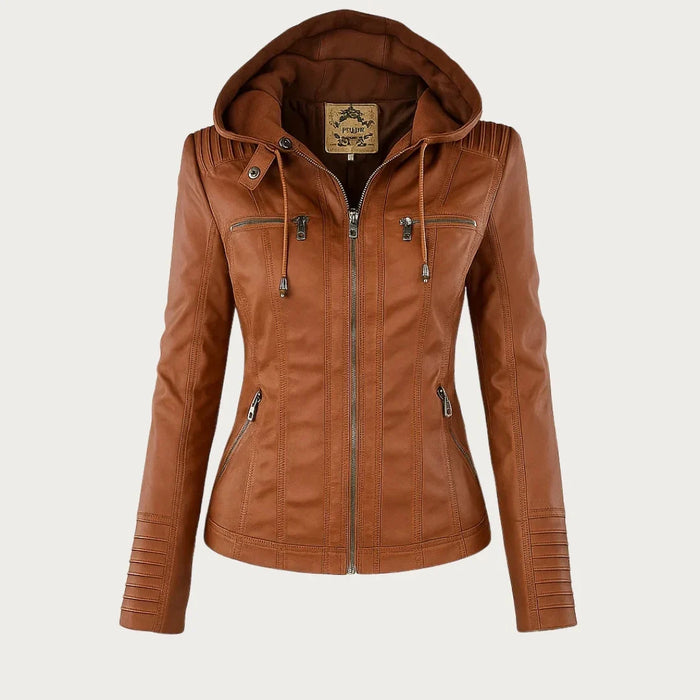 Women's Leather Jacket | Hooded Zip Front Moto