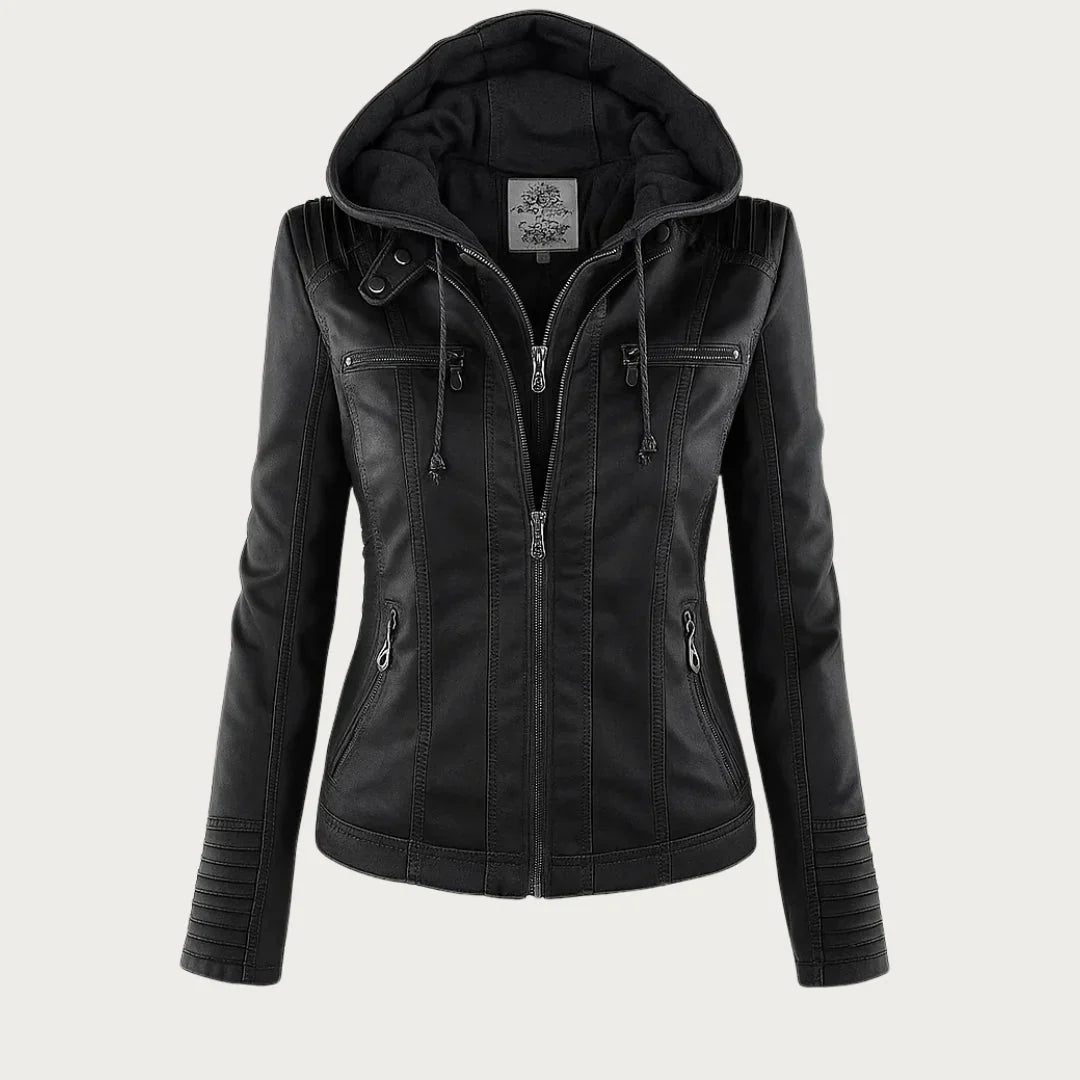 Women's Leather Jacket | Hooded Zip Front Moto