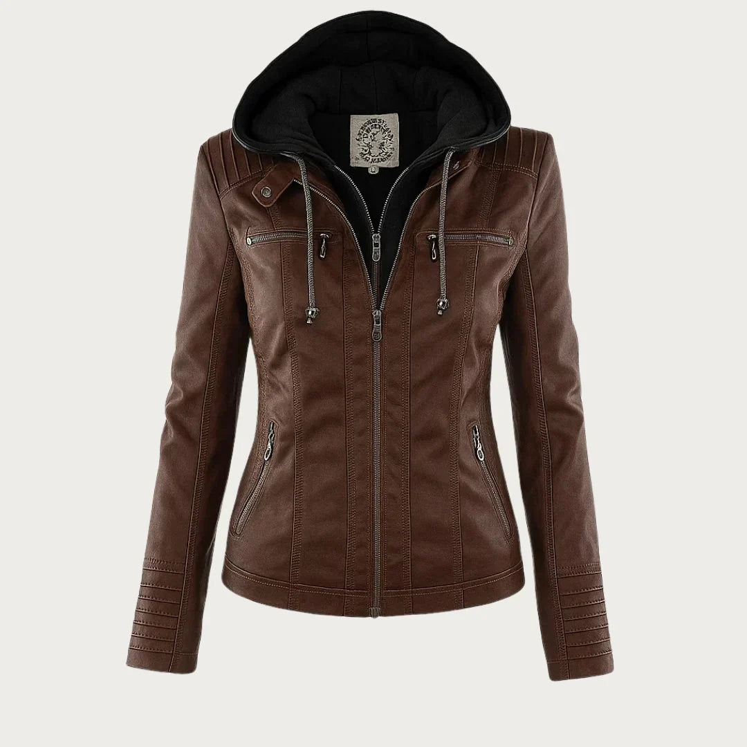 Women's Leather Jacket | Hooded Zip Front Moto