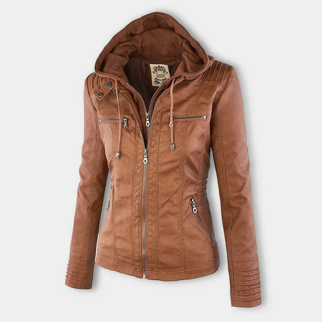 Women's Leather Jacket | Hooded Zip Front Moto