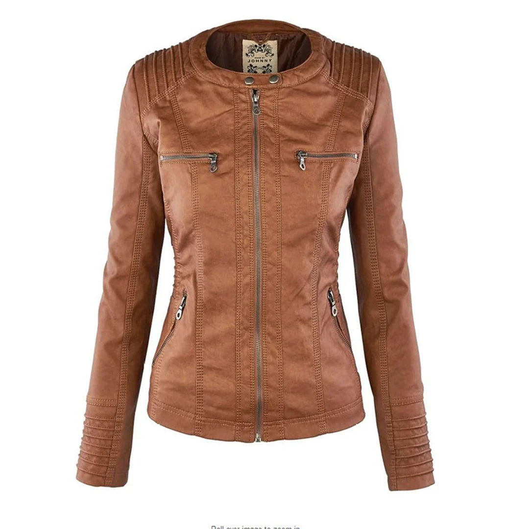 Women's Leather Jacket | Hooded Zip Front Moto