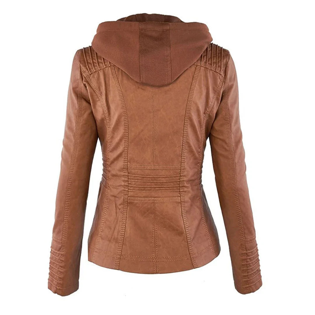 Women's Leather Jacket | Hooded Zip Front Moto