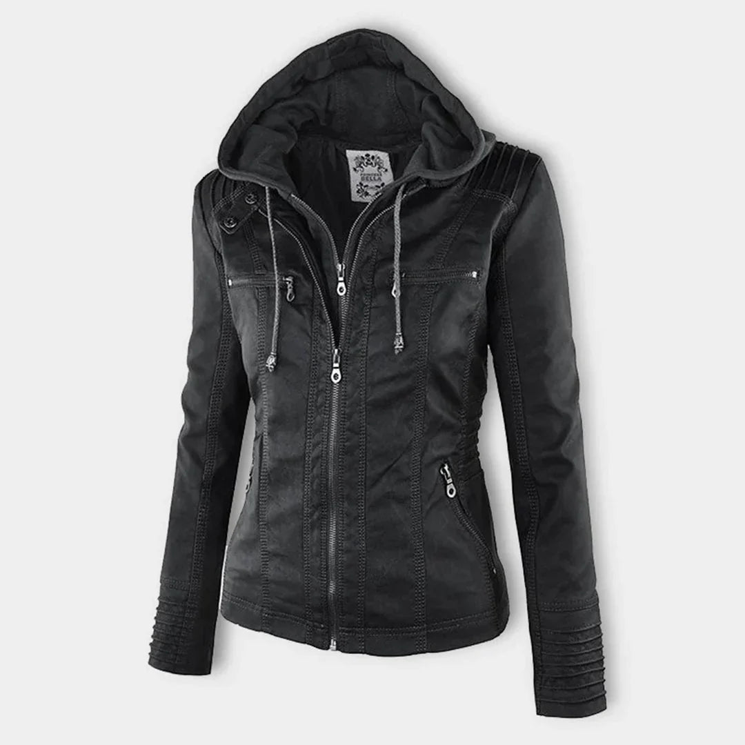 Women's Leather Jacket | Hooded Zip Front Moto