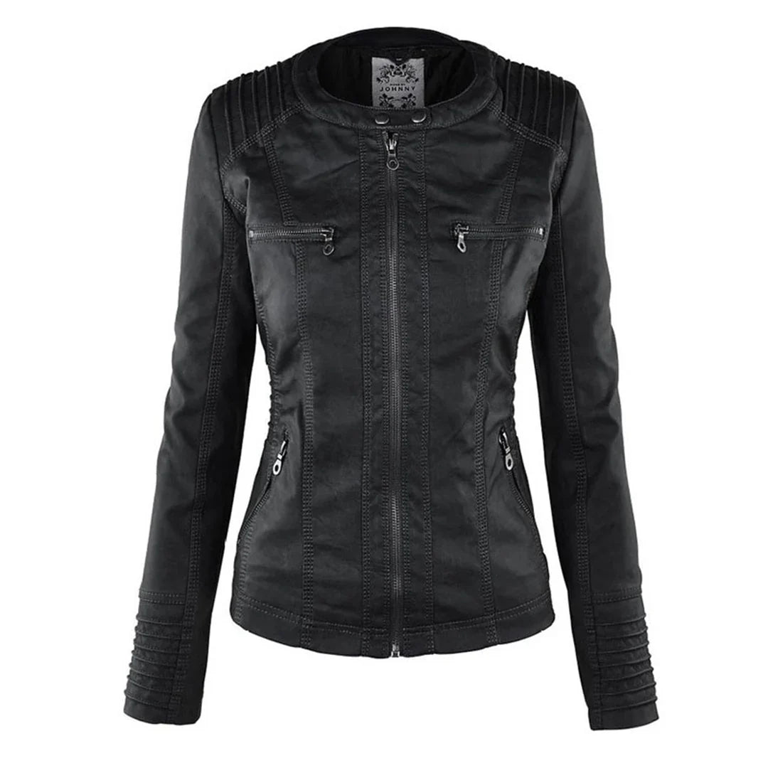Women's Leather Jacket | Hooded Zip Front Moto