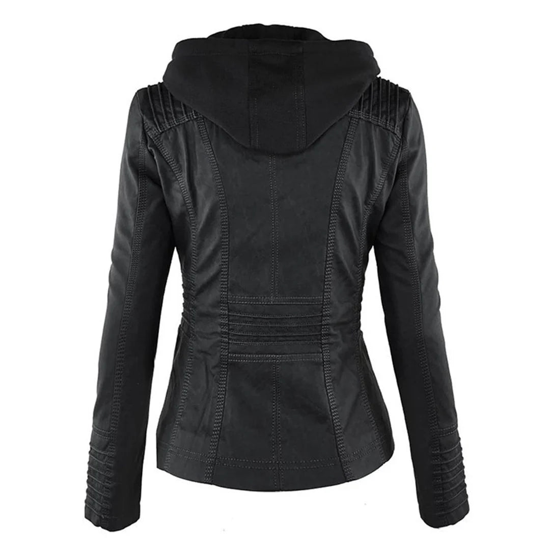 Women's Leather Jacket | Hooded Zip Front Moto