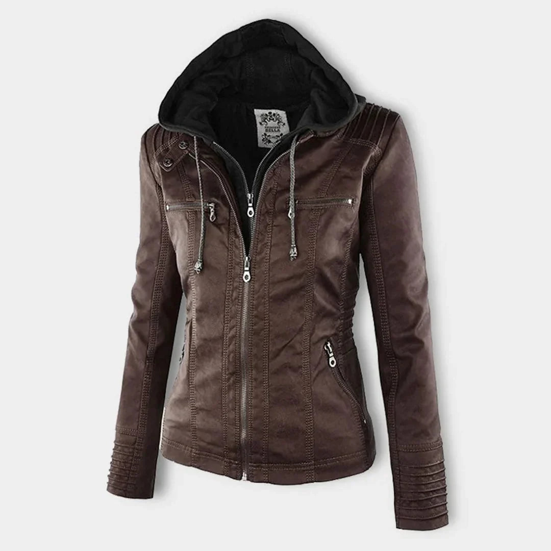 Women's Leather Jacket | Hooded Zip Front Moto