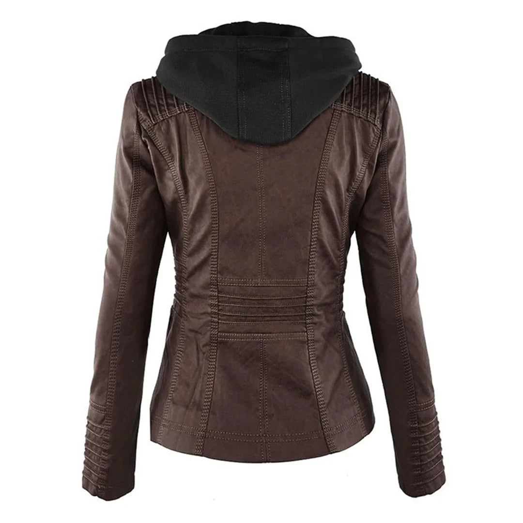 Women's Leather Jacket | Hooded Zip Front Moto