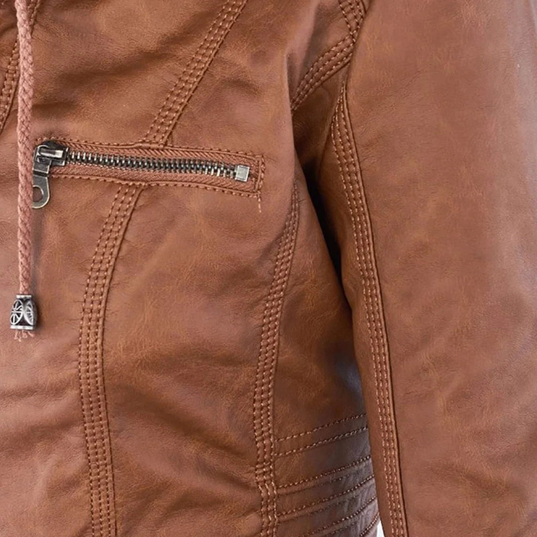 Women's Leather Jacket | Hooded Zip Front Moto
