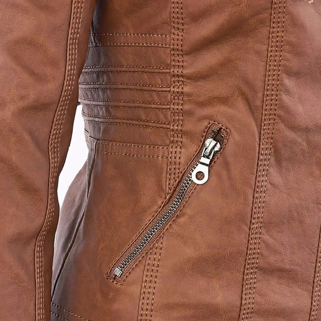 Women's Leather Jacket | Hooded Zip Front Moto