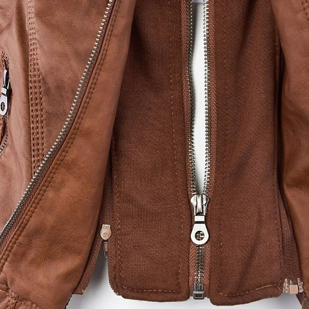 Women's Leather Jacket | Hooded Zip Front Moto