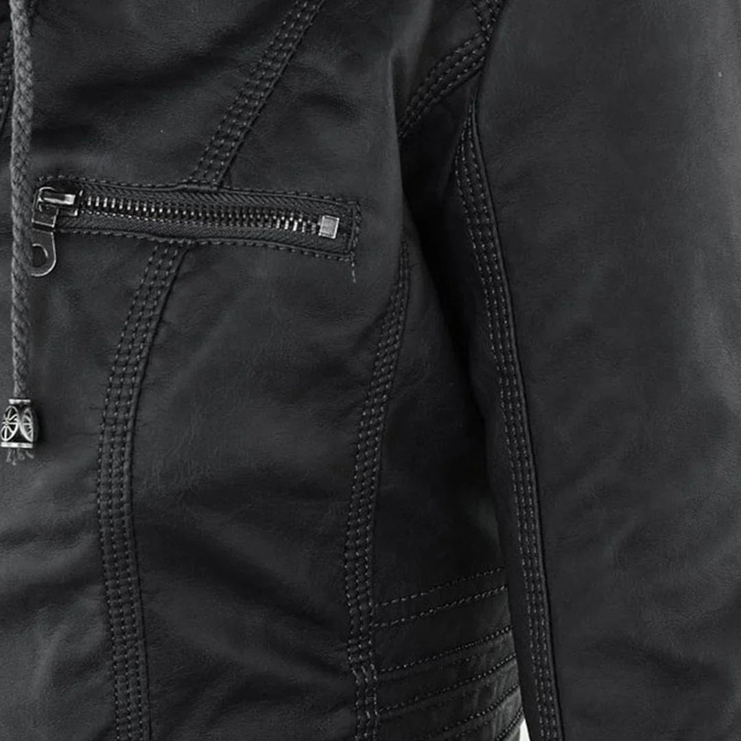 Women's Leather Jacket | Hooded Zip Front Moto