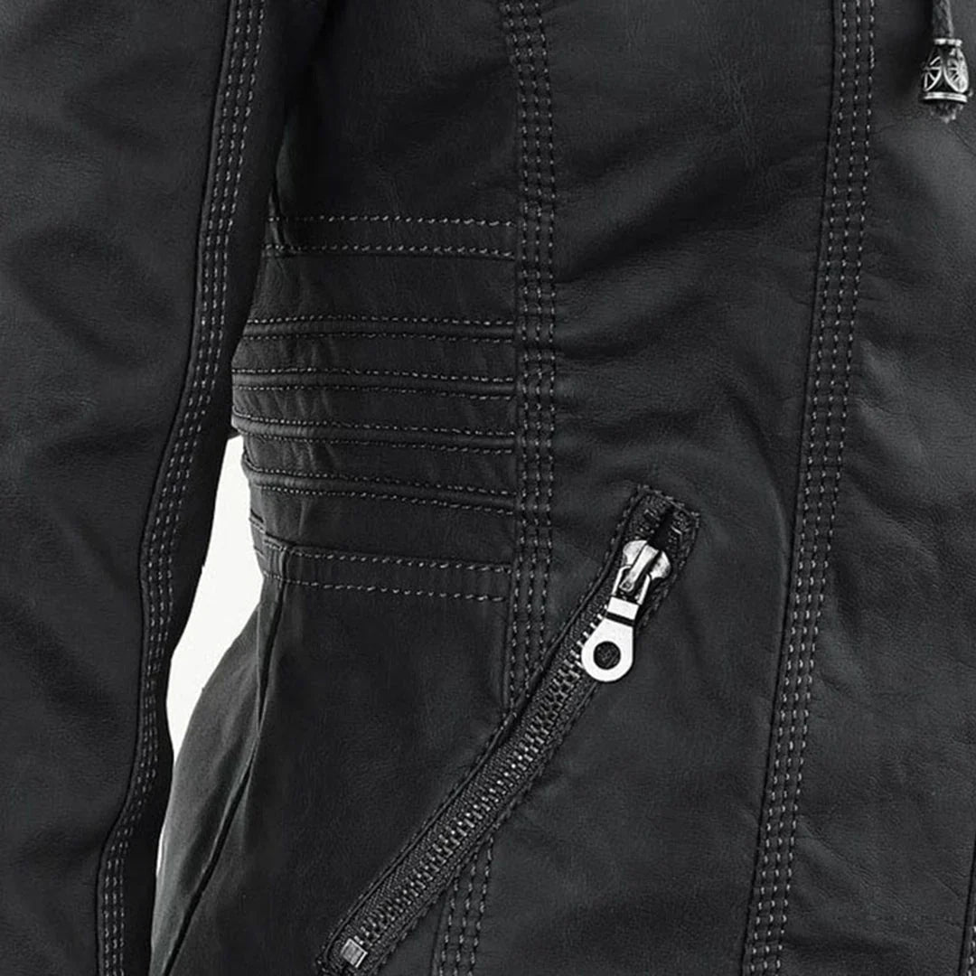 Women's Leather Jacket | Hooded Zip Front Moto
