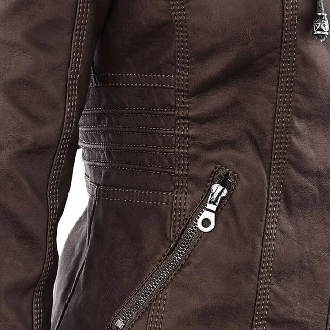 Women's Leather Jacket | Hooded Zip Front Moto