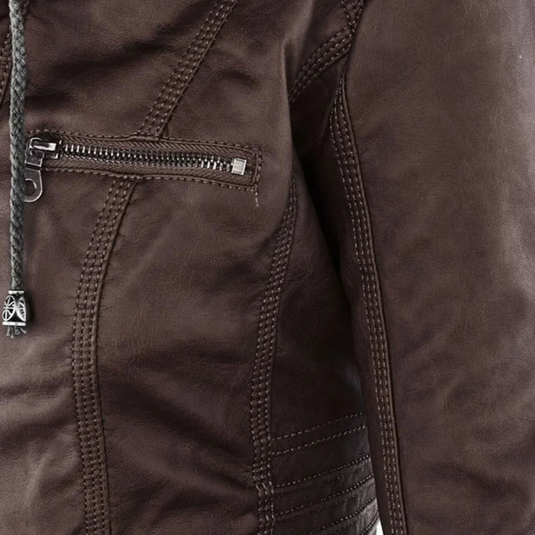 Women's Leather Jacket | Hooded Zip Front Moto