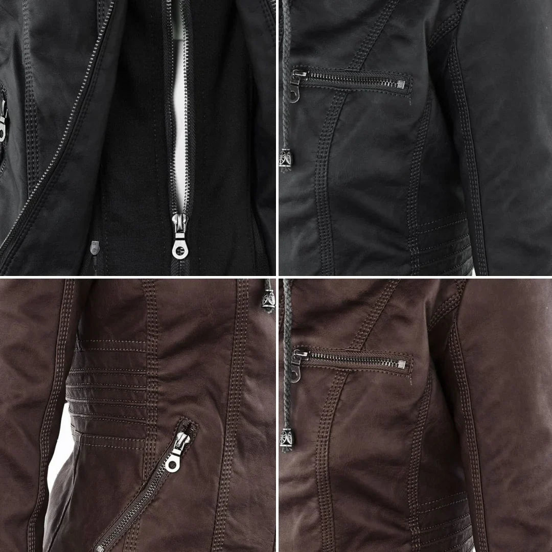 Women's Leather Jacket | Hooded Zip Front Moto