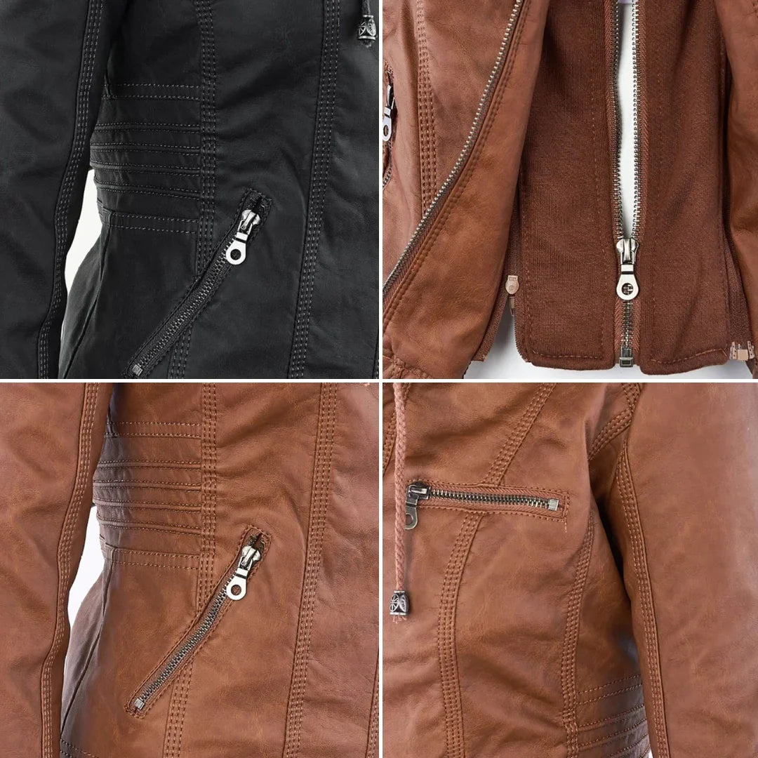 Women's Leather Jacket | Hooded Zip Front Moto