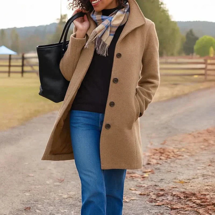 Women's Pea Coat | Wool Blend Button Front Long Sleeve