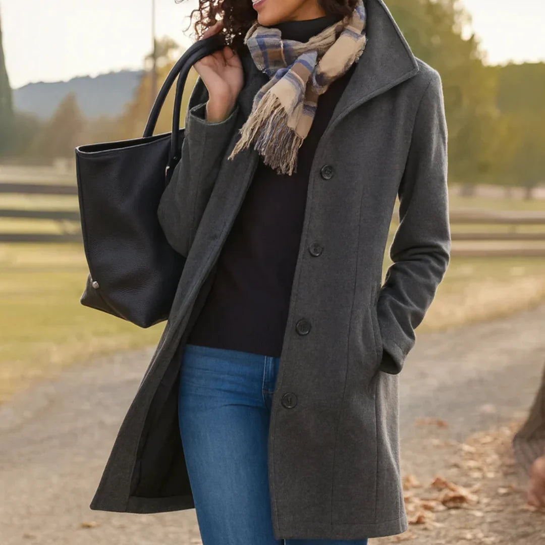 Women's Pea Coat | Wool Blend Button Front Long Sleeve