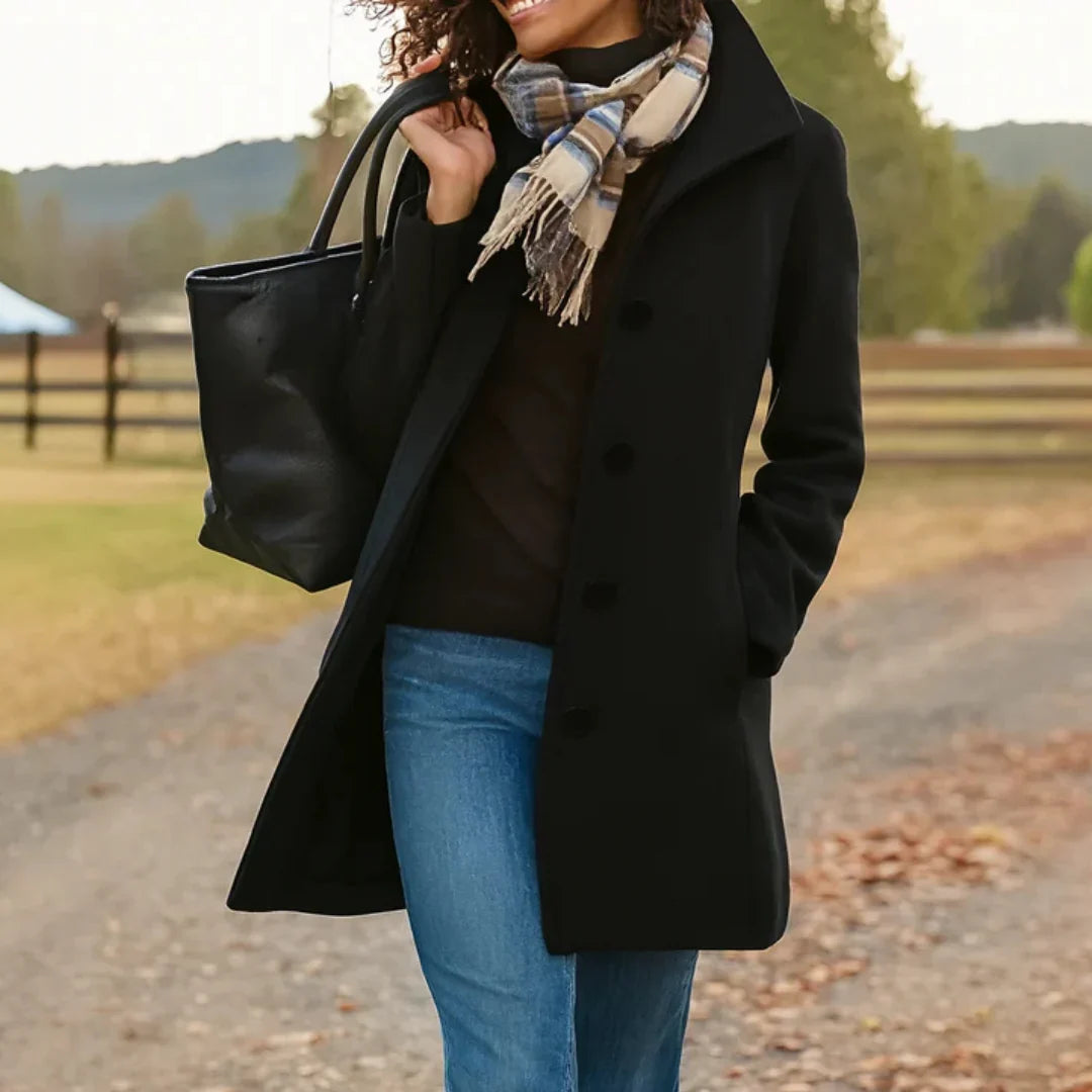 Women's Pea Coat | Wool Blend Button Front Long Sleeve