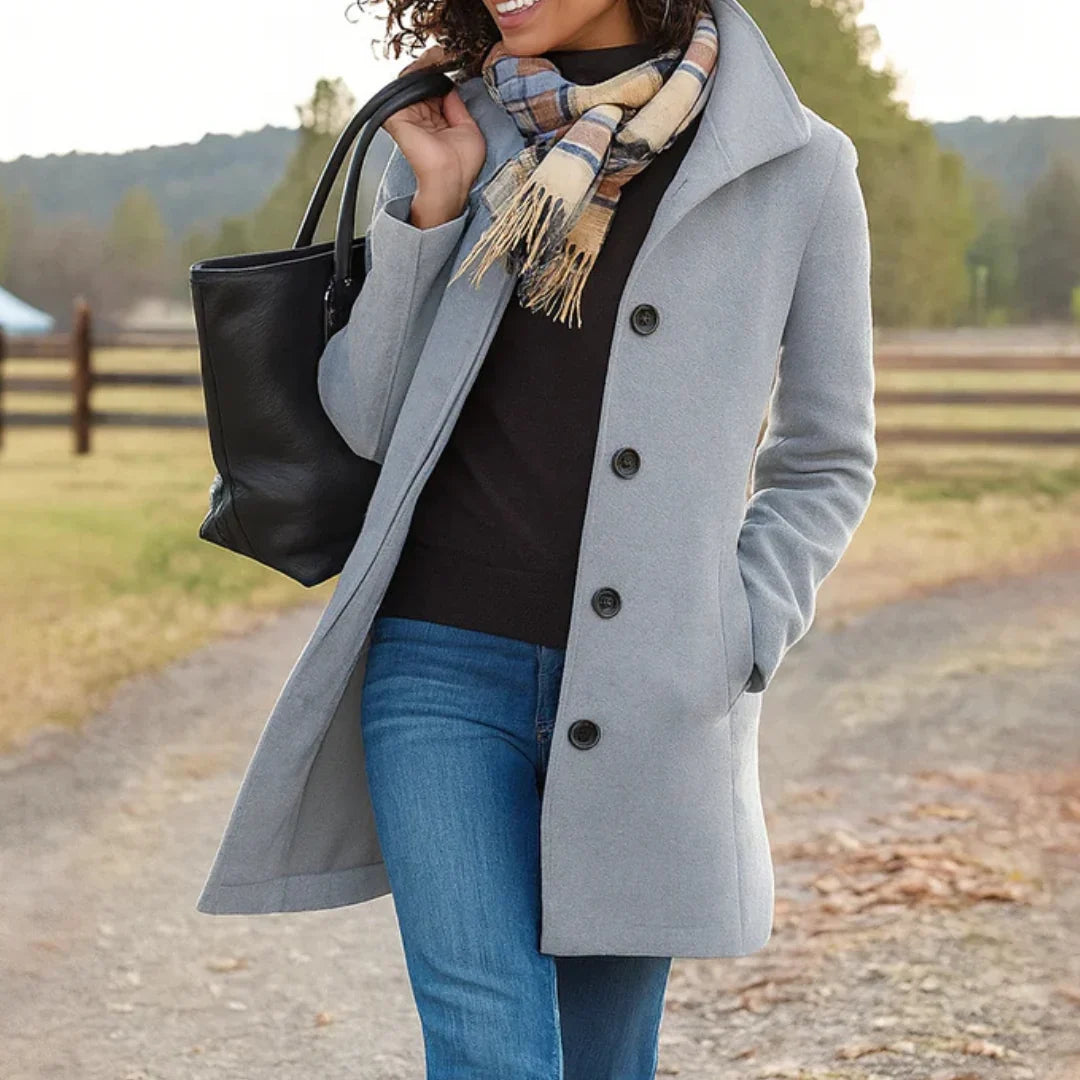 Women's Pea Coat | Wool Blend Button Front Long Sleeve