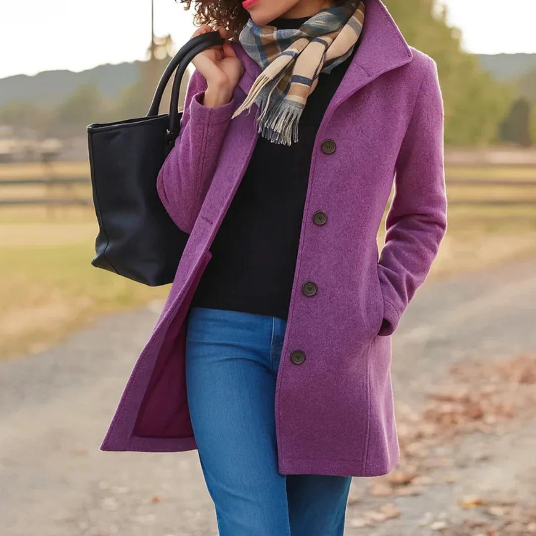 Women's Pea Coat | Wool Blend Button Front Long Sleeve