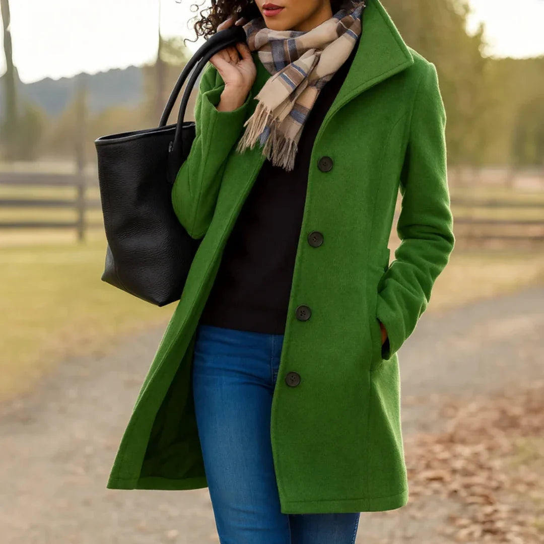 Women's Pea Coat | Wool Blend Button Front Long Sleeve