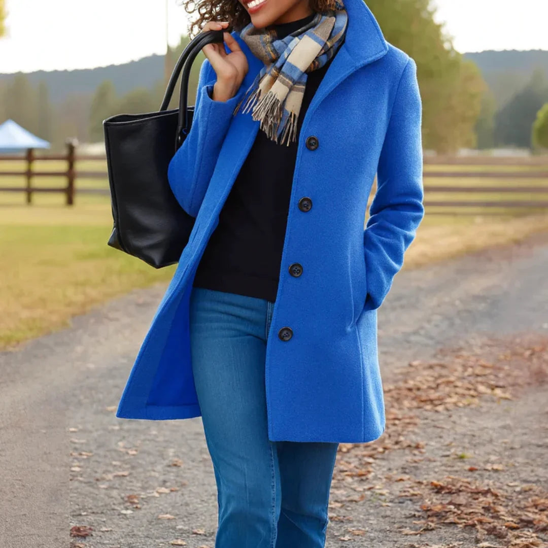 Women's Pea Coat | Wool Blend Button Front Long Sleeve