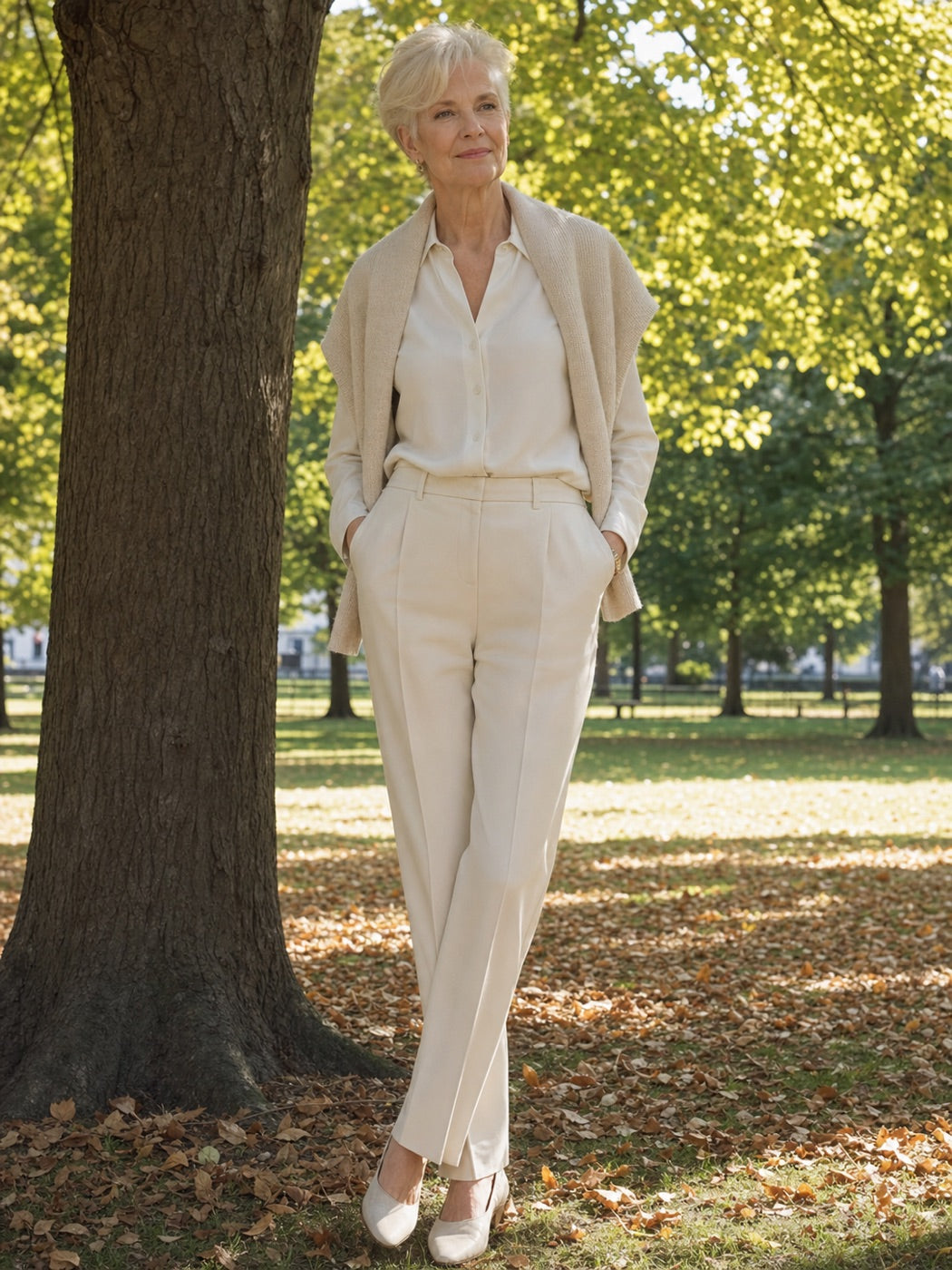 Woman wearing ivory separates in an English park