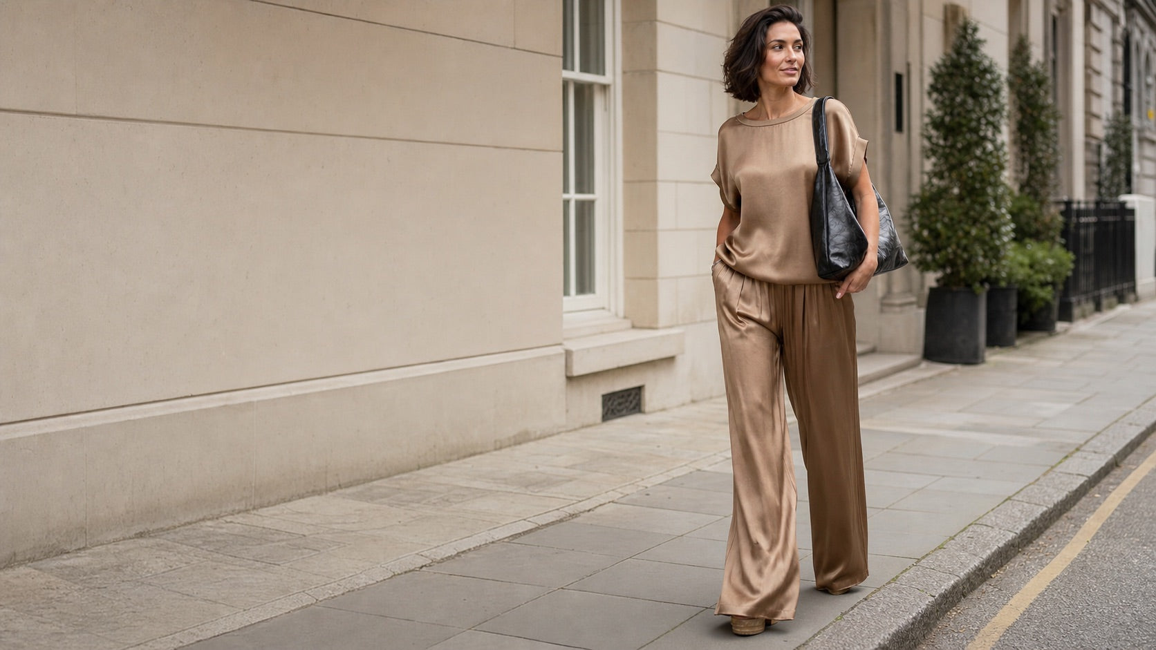Woman wearing a Bloomlane satin trouser set and carrying a black shoulder bag on a London street
